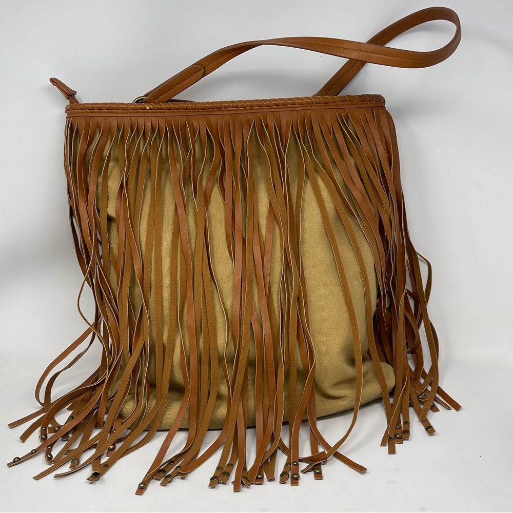Charming Charlie Ryder Studded Fringe Purse Shoulder Bag Brown Canvas Boho - Picture 3 of 16